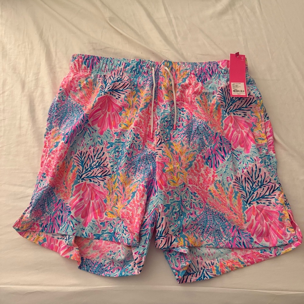 Lilly Pulitzer Coral and Aqua Men's Swim Trunks